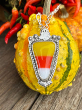 Load image into Gallery viewer, Sterling Silver Fused Glass Candy Corn Halloween Theme Necklace
