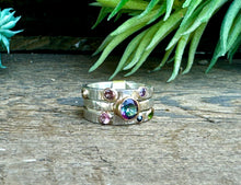 Load image into Gallery viewer, Triple Sterling Silver Stacker Ring With 14k gold-filled accents, Mystic Topaz, Emerald, Amethyst, Moissonite and Tourmaline
