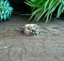 Load image into Gallery viewer, Triple Sterling Silver Stacker Ring With 14k gold-filled accents, Mystic Topaz, Emerald, Amethyst, Moissonite and Tourmaline
