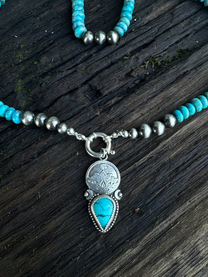 Kingman Turquoise Lotus Flower  Talisman Necklace -3 in 1 Necklace