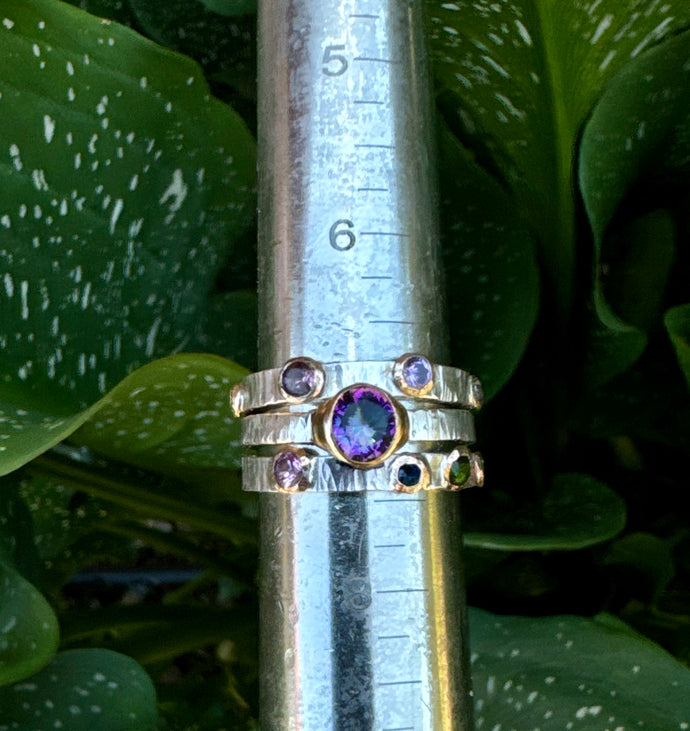 Triple Sterling Silver Stacker Ring With 14k gold-filled accents, Mystic Topaz, Emerald, Amethyst, Moissonite and Tourmaline