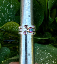 Load image into Gallery viewer, Triple Sterling Silver Stacker Ring With 14k gold-filled accents, Mystic Topaz, Emerald, Amethyst, Moissonite and Tourmaline
