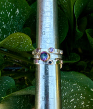 Load image into Gallery viewer, Triple Sterling Silver Stacker Ring With 14k gold-filled accents, Mystic Topaz, Emerald, Amethyst, Moissonite and Tourmaline
