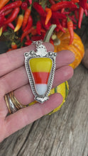 Load and play video in Gallery viewer, Sterling Silver Fused Glass Candy Corn Halloween Theme Necklace
